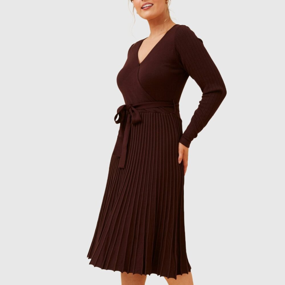 Papillon Ribbed Knit Pleated Sweater Dress - Burgundy - Medium - NWOT